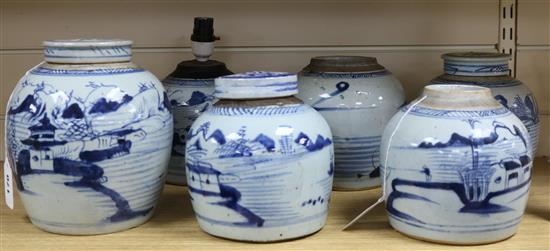 Six Chinese blue and white ginger jars with pavilion, lake and fisherman pattern,